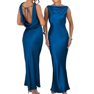 NWT OYS Small Deep Blue Satin Elegant Sleeveless High Neck Tie Party Maxi Dress